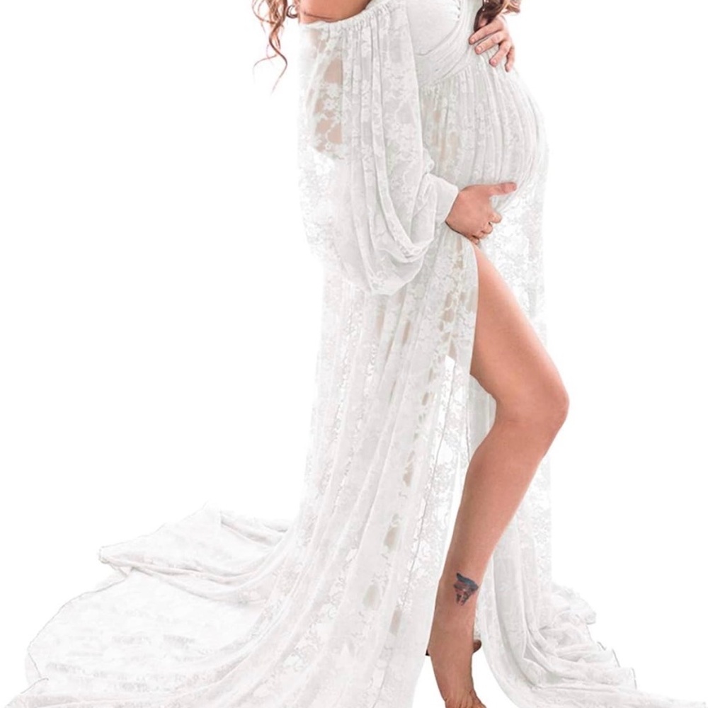 White Lace Maternity Dress with Long Train Gown for Photoshoot